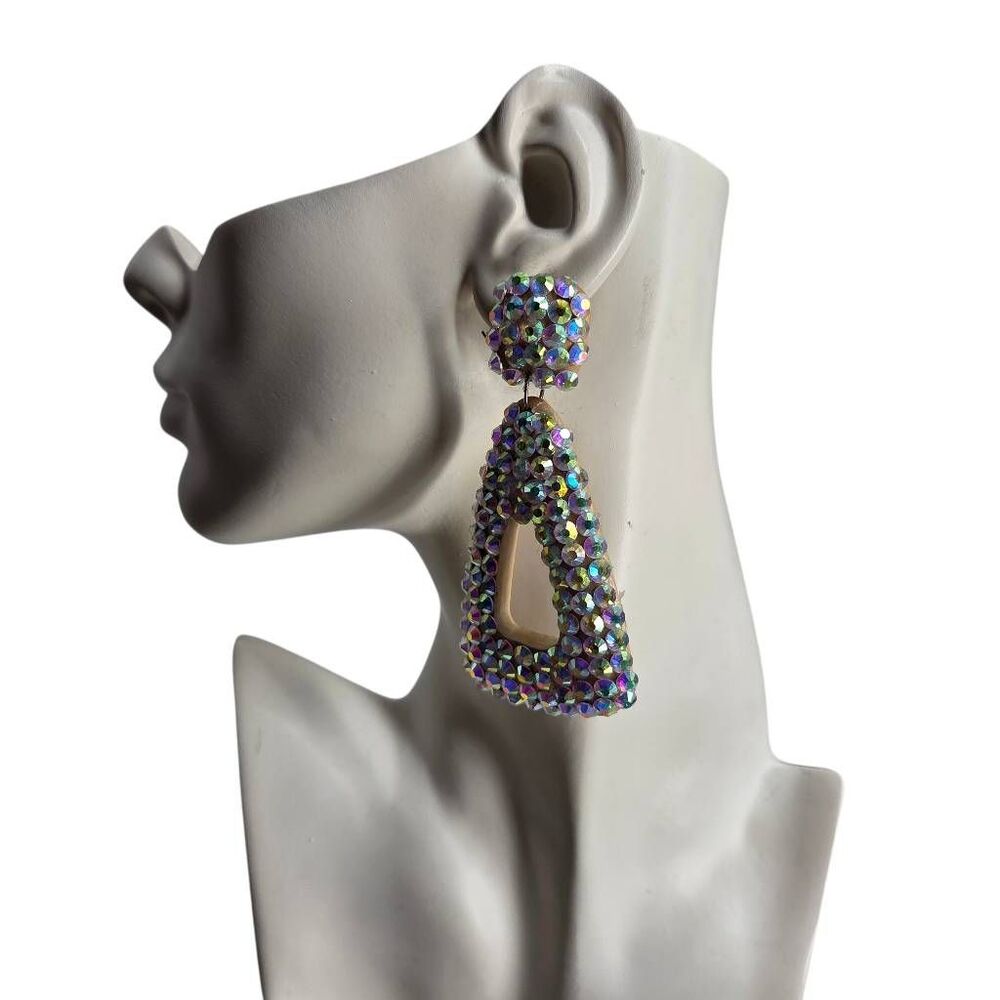 Vintage AB Rhinestone Statement Clip-On Earrings | Sculptural Wood Drops | 3.84"